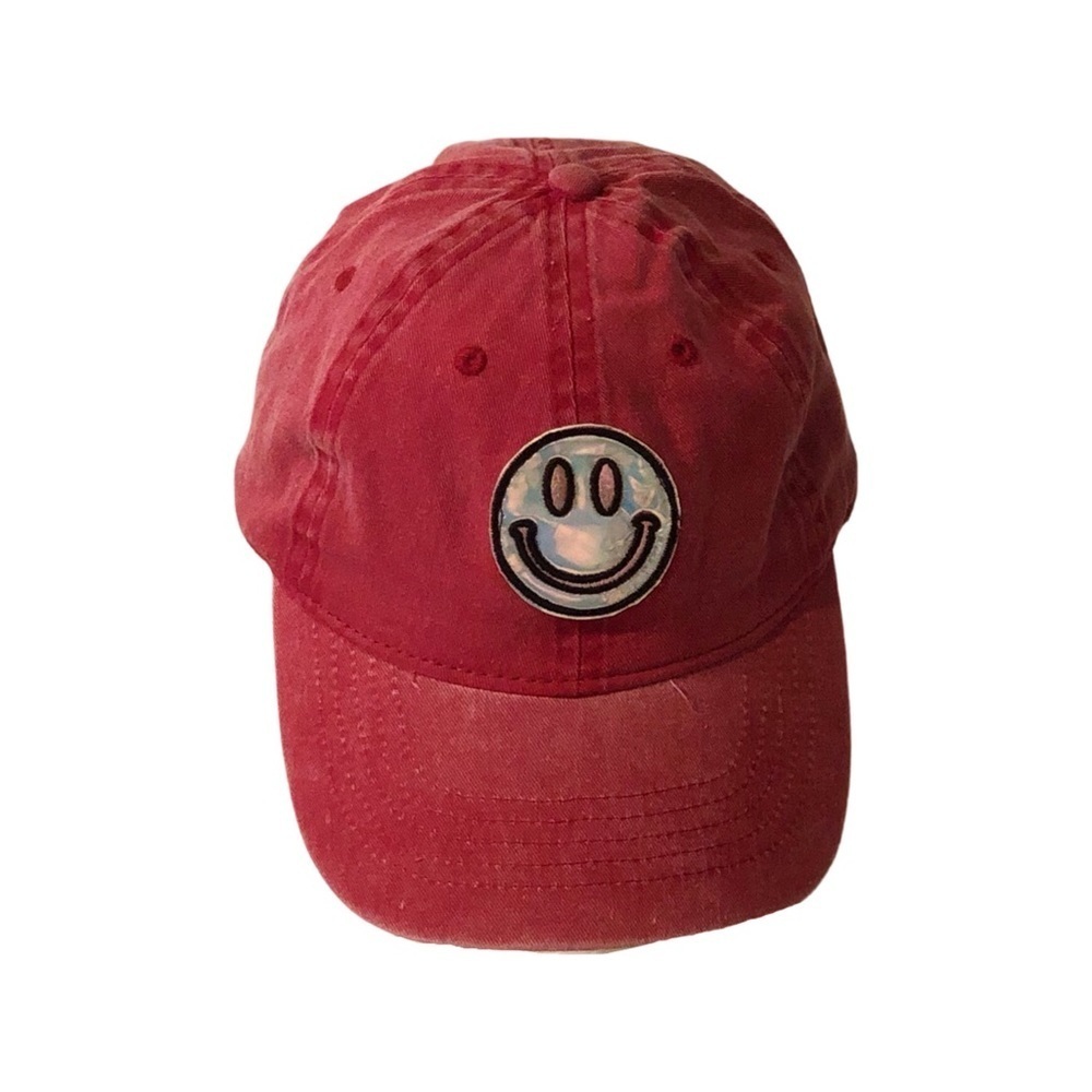 Washed Pink Baseball Hat W/ Iridescent Smiley Face Patch